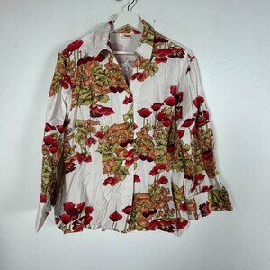 Tianello Womens Floral Button-Up Shirt Large White Red Tencel Blend Long Sleeve